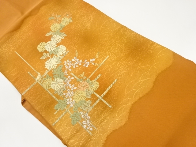 菊に芝模様織出し名古屋帯